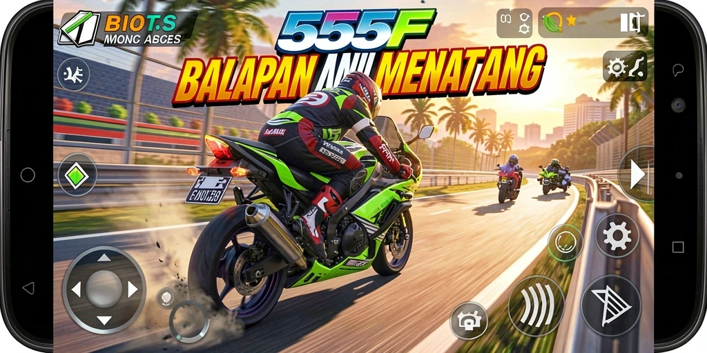 Gambar gameplay 555F menampilkan balapan motor yang seru.