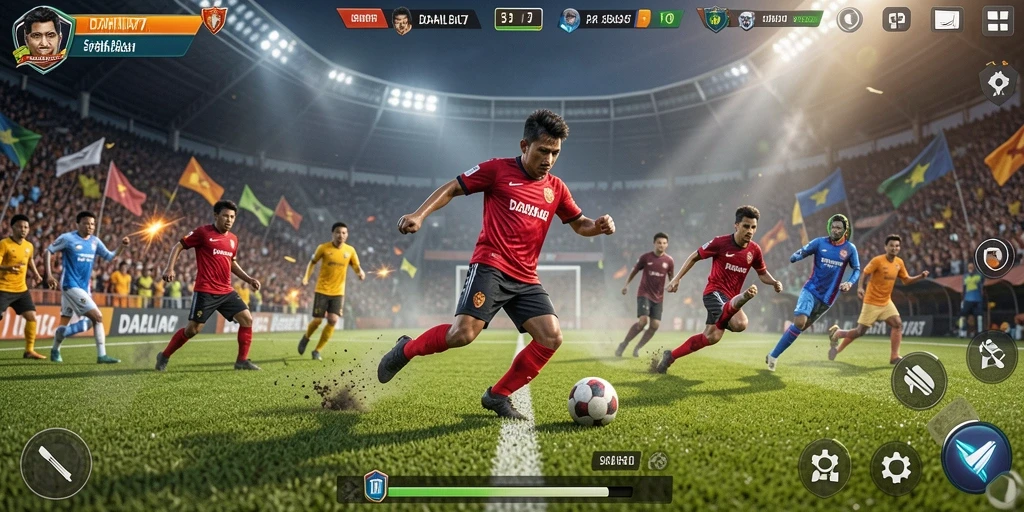 Tampilan gameplay seru di DAHLIA77 dengan aksi sepak bola nyata.