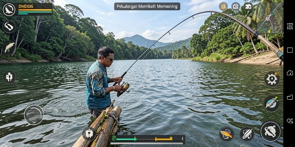 Tampilan gameplay DMD686 saat menangkap ikan dengan grafis menarik.