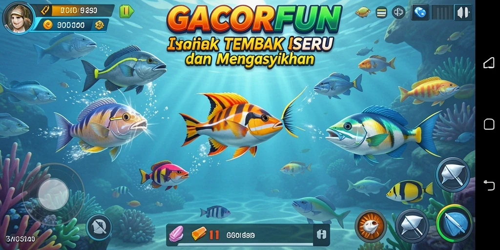 Screenshot GACORFUN menampilkan aksi seru dalam menembak ikan.