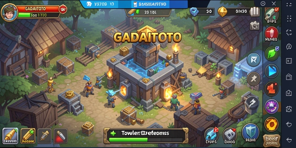 Tampilan gameplay GADAITOTO dengan menara pertahanan yang aktif.