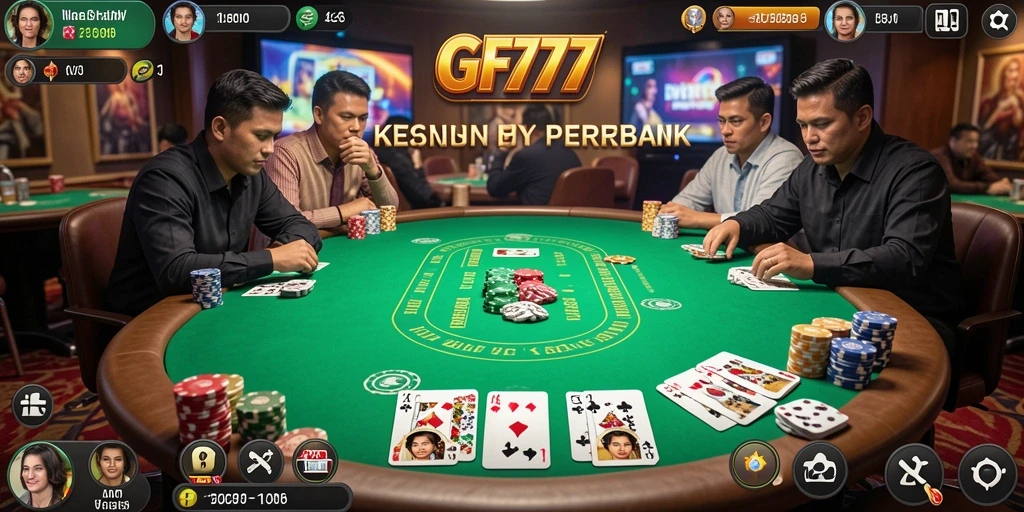 Screenshot GF777 menampilkan gameplay Poker yang mendebarkan dan interaksi pemain.