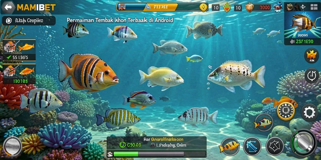 Screenshot gameplay MAMIBET dengan berbagai ikan yang menunggu untuk ditangkap.